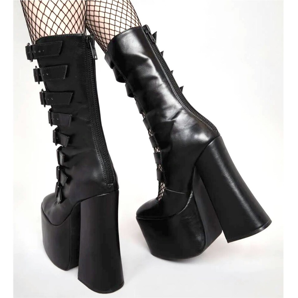 Widow Strappy Buckle Boots 6M Black Vegan Leather Gone Haywire Platform Gothic - Picture 16 of 16